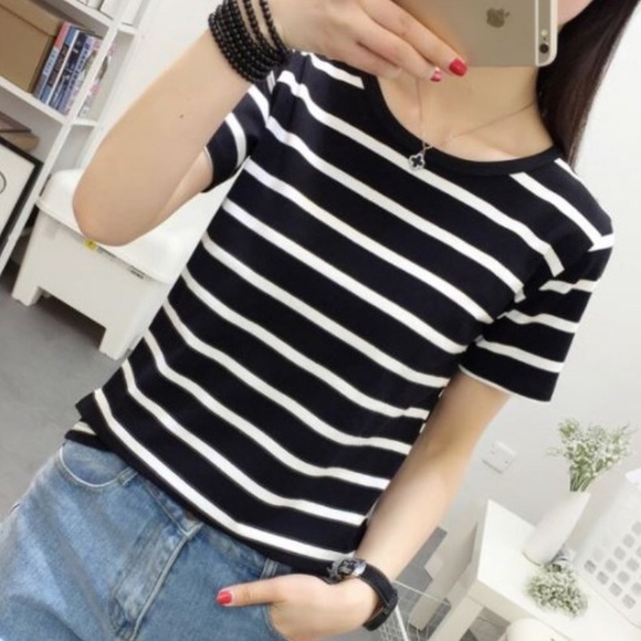 Black Striped Round neck  Short Sleeve Tee - Picture 2 of 4